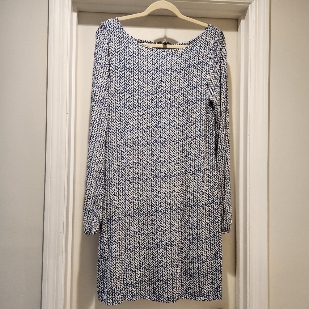 Tart Blue White Geometric Braid Print Long Sleeve Tunic Dress Women’s Size Small